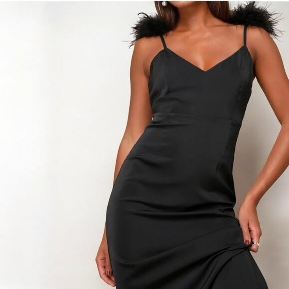 🌻NEW w/tag Lulus Exquisite Invite Black Satin Feather Backless Midi Dress SMALL - Picture 5 of 13